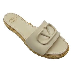 VALENTINO IVORY VLOGO LEATHER AND RAFFIA SLIDE SANDALS